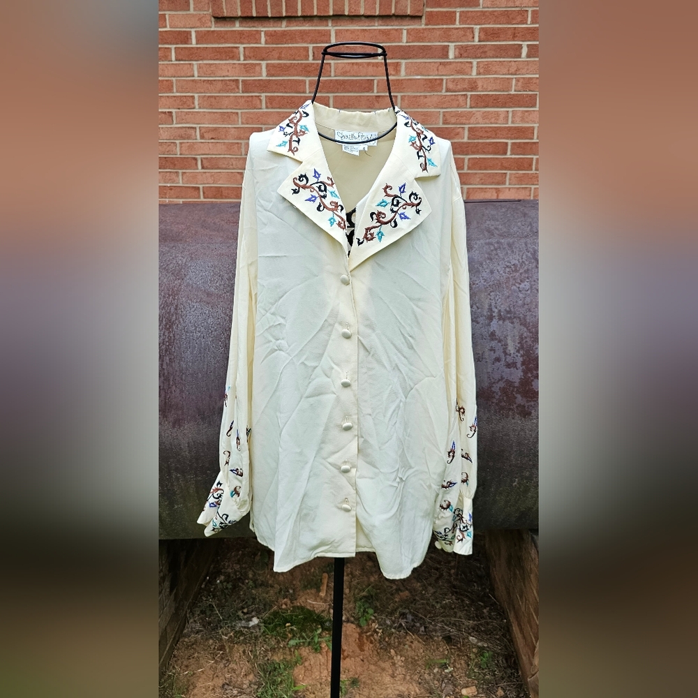 Vintage Diane Von Furstenberg 100% Silk Embroidery Secretary Blouse